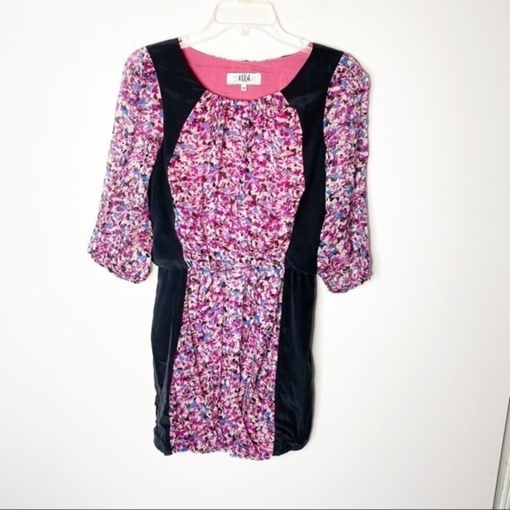 Tibi Pink Floral & Black Silk Blouson 3/4 Sleeve Dress Size‎ 0